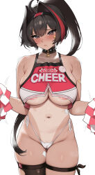  1girl areola_slip asymmetrical_legwear bare_shoulders bay_(nikke) black_hair blush breasts cameltoe cheerleader cowboy_shot dark-skinned_female dark_skin goddess_of_victory:_nikke hair_between_eyes hair_intakes highleg highleg_panties highres houkago_shounen large_breasts long_hair looking_at_viewer midriff mole mole_under_mouth multicolored_hair navel no_pants one-piece_tan paid_reward_available panties ponytail red_hair simple_background single_thighhigh solo standing steaming_body stomach streaked_hair string_panties sweat tan tanline thighhighs torn_clothes torn_thighhighs underboob underwear white_background white_panties  rating:Questionable score:55 user:danbooru