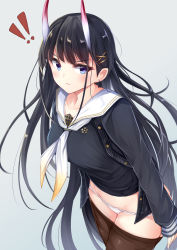 ! !! 1girl azur_lane black_cardigan black_hair black_shirt blue_eyes breasts brown_pantyhose buttons cardigan closed_mouth clothes_pull collarbone cowboy_shot earrings groin hair_ornament hairclip highres horns irohara jewelry leaning_forward long_hair long_sleeves looking_at_viewer medium_breasts neckerchief no_pants noshiro_(azur_lane) oni_horns open_cardigan open_clothes panties pantyhose pantyhose_pull resolution_mismatch sailor_collar shirt solo source_smaller standing underwear v-shaped_eyebrows very_long_hair white_panties white_sailor_collar x_hair_ornament rating:Sensitive score:22 user:danbooru