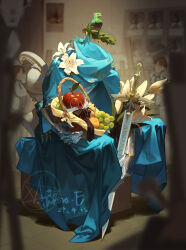  1boy a_knight_(reverse:1999) absurdres ailuo apple apple_(reverse:1999) armor art_room artist_name basket bird black_bow black_bowtie blue_cape blurry blurry_background bow bowtie cape dated easel flower food fruit gauntlets glasses grapes green_bird highres holding holding_basket holding_sword holding_weapon indoors invisible laurel_crown lily_(flower) modeling object_focus orange_(fruit) ornate_armor pear people reverse:1999 round_eyewear signature spotlight statue still_life sword tile_floor tiles traditional_bowtie weapon white_flower 