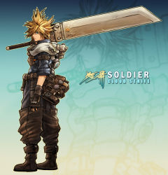 1boy armor blonde_hair blue_eyes boots bryce_kho buster_sword character_name cloud_strife final_fantasy final_fantasy_tactics final_fantasy_tactics_advance final_fantasy_vii fingerless_gloves gloves green_eyes huge_weapon job mako_eyes male_focus parody solo style_parody sword weapon zoom_layer 