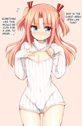  10s 1boy arikawa_hime blue_eyes blush bulge cleavage_cutout clothing_cutout crossdressing flying_sweatdrops hard-translated himegoto long_hair male_focus meme_attire open-chest_sweater red_hair ribbed_sweater ribbon solo sweater third-party_edit translated trap tsukudani_norio turtleneck two_side_up wavy_mouth  rating:Sensitive score:132 user:StolenTranslations