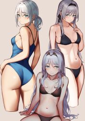  1girl 3_small_spiders absurdres alternate_costume alternate_hairstyle an-94_(girls&#039;_frontline) ass back blonde_hair blue_eyes blue_one-piece_swimsuit breasts girls&#039;_frontline grey_hair hairband highres long_hair looking_at_viewer multiple_persona one-piece_swimsuit sitting small_breasts smile swimsuit 