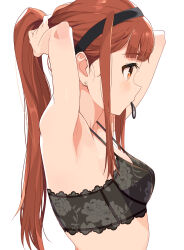  1girl armpits arms_behind_head arms_up bare_shoulders black_bra black_hairband blush bra breasts brown_eyes brown_hair earrings floral_print from_side hair_tie_in_mouth hairband highres idolmaster idolmaster_million_live! idolmaster_million_live!_theater_days jewelry lace lace-trimmed_bra lace_trim long_hair looking_at_another medium_breasts mouth_hold print_bra sidelocks solo tanaka_kotoha tetsujin_momoko tying_hair underwear underwear_only upper_body 