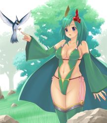  1990s_(style) 1girl bare_shoulders bird blue_eyes breasts cameltoe cape cleavage curvy detached_sleeves final_fantasy final_fantasy_iv grass green_hair groin hip_focus large_breasts leotard navel revealing_clothes rock rydia_(ff4) short_hair sideboob solo thighhighs tree yokaze_japan  rating:Questionable score:23 user:danbooru