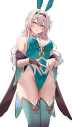  1girl alternate_costume animal_ears aqua_leotard aqua_thighhighs bare_shoulders black_bridal_gauntlets black_hairband blush breasts bridal_gauntlets commentary_request fake_animal_ears fingernails firefly_(honkai:_star_rail) grey_hair hairband highleg highleg_leotard highres honkai:_star_rail honkai_(series) large_breasts legs_together leotard long_hair looking_at_viewer nail_polish nose_blush open_mouth paid_reward_available playboy_bunny purple_eyes purple_nails rabbit_ears ru_zhai simple_background single_bridal_gauntlet solo standing steepled_fingers strapless strapless_leotard thighhighs upper_body white_background  rating:Sensitive score:44 user:danbooru
