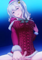 10s 1girl aran_sweater bell blue_eyes blush bottomless breast_hold breasts cable_knit capelet from_below hair_bell hair_ornament hal_2001lop91 hat highres kantai_collection kashima_(kancolle) licking_lips santa_hat short_twintails silver_hair solo sweater tongue tongue_out twintails rating:Questionable score:14 user:danbooru
