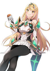  1girl armor arms_at_sides blonde_hair breasts chest_jewel core_crystal_(xenoblade) dress drop_earrings earrings elbow_gloves gloves gluteal_fold hands_up highres impossible_clothes jewelry large_breasts long_hair misu_kasumi mythra_(massive_melee)_(xenoblade) mythra_(xenoblade) nintendo pantyhose shoulder_armor sitting skindentation smile solo super_smash_bros. swept_bangs tiara tongue tongue_out white_dress white_gloves xenoblade_chronicles_(series) xenoblade_chronicles_2 yellow_eyes 