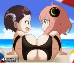  2girls ahoge anya_(spy_x_family) arm_support artist_logo artist_name ass ass-to-ass ass_focus bare_shoulders beach becky_blackbell bikini black_bikini blurry blurry_foreground blush brown_eyes brown_hair cloud cone_hair_bun espiralsix female_focus from_behind green_eyes hair_bun hair_ornament hairclip highres loli looking_at_another lying medium_hair multiple_girls on_side open_mouth outdoors paid_reward_available parted_lips patreon_username pink_hair profile sand scrunchie shore short_hair short_twintails smile spy_x_family strapless strapless_bikini swimsuit twintails water  rating:Questionable score:173 user:MonsieurCinq