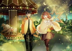  1boy 1girl :d absurdres aldnoah.zero asseylum_vers_allusia black_pants blue_eyes blush brown_eyes brown_hair brown_pantyhose brown_shirt carousel cat_lily coat day ferris_wheel highres holding_hands kaizuka_inaho lens_flare long_sleeves looking_at_viewer moon open_mouth outdoors pants pantyhose shadow shirt short_hair smile sparkle standing sweater yellow_coat yellow_sweater 