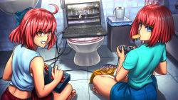  2girls ahoge arcade_stick barefoot bathroom blue_eyes blue_shorts brand_name_imitation cable casual chips_(food) commentary computer controller dell english_commentary fighting_game food from_behind full_body game_controller gamepad highres hisui_(tsukihime) indian_style joystick kohaku_(tsukihime) laptop looking_at_viewer looking_back making-of_available melty_blood melty_blood:_type_lumina meme multiple_girls orange_eyes playing_games potato_chips red_hair red_shorts shirt short_hair shorts siblings sisters sitting sleeveless substance20 t-shirt toilet tsukihime twins video_game xbox_controller 