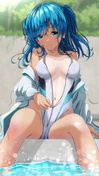  1girl aigami_shion blue_eyes blue_hair blurry blurry_background breasts breasts_apart closed_mouth collarbone commentary_request competition_swimsuit crotch day front_zipper_swimsuit garter-velvet grey_jacket highres jacket long_hair long_sleeves looking_at_viewer meme_attire navel one-piece_swimsuit original outdoors pool poolside sitting small_breasts smile solo swimsuit tan tanline white_one-piece_swimsuit 
