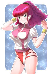  1girl armband blunt_bangs bo_(bo) breasts commentary cowboy_shot green_eyes hand_in_own_hair headband hip_vent jung_freud leotard long_hair looking_at_viewer medium_breasts outside_border pilot_suit ponytail red_hair sidelocks smile smirk solo sparkle standing top_wo_nerae! v-shaped_eyebrows  rating:Sensitive score:16 user:danbooru