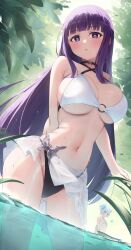  2girls absurdres black_choker blunt_bangs breast_envy breasts bug butterfly butterfly_brooch choker double_bun elf fern_(sousou_no_frieren) flat_chest frieren hair_bun highres insect large_breasts leaf long_hair looking_at_viewer morros multiple_girls navel open_mouth pointy_ears purple_eyes purple_hair solo_focus sousou_no_frieren stomach very_long_hair wading water wet white_hair 