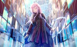 1girl binary chromatic_aberration commentary_request closed_eyes facing_away goribote guilty_crown hair_ornament hairclip long_hair long_sleeves pink_hair robe solo yuzuriha_inori 