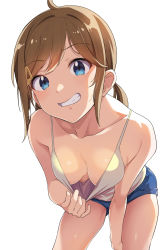  1girl ahoge blue_eyes blue_shorts blush breasts brown_hair cleavage cleavage_reach downblouse extended_downblouse grin hair_ornament hairclip hanging_breasts highres konnyaku_(kk-monmon) leaning_forward major_2nd medium_breasts no_bra ponytail raised_eyebrow shigeno_izumi shorts simple_background smile solo tank_top white_background white_tank_top 