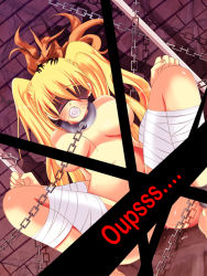  1boy 1girl animal animal_ears animal_on_head bandages bar_censor bdsm blindfold blonde_hair blush bondage bound breasts breasts_apart brick_wall censored chain claws clothes_gag collar convenient_censoring dungeon facial_mark facing_viewer fox fox_ears fox_on_head fox_tail full_body gag gagged hair_between_eyes improvised_gag indoors kurama_(naruto) kyuubi_(naruto) long_hair medium_breasts mouth_stuffed multiple_tails naruko_(naruto) naruto naruto_(series) navel nipples nude on_floor on_head on_person panties panty_gag restrained room shadow sitting sitting_on_head sitting_on_person size_difference spread_legs tail tarbananakis twintails underwear uzumaki_naruto wall whisker_markings whiskers  rating:Explicit score:81 user:grifo-0010