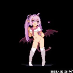  1girl :d animated black_background bottomless bouncing_breasts breasts cat02a crop_top cropped_shirt dancing dated demon_girl demon_horns demon_tail demon_wings full_body hair_between_eyes horns long_hair looking_at_viewer lowres medium_breasts midriff navel open_mouth original pink_eyes pink_sailor_collar pixel_art pointy_ears purple_hair pussy sailor_collar school_uniform serafuku simple_background smile solo standing tail thighhighs twintails underboob video white_thighhighs wings  rating:Explicit score:139 user:romantic_colors