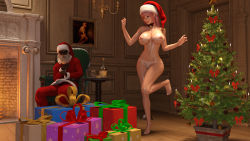 1boy 1girl 3d barefoot box breasts christmas christmas_tree covered_erect_nipples dark-skinned_male dark_skin dead_or_alive feet gift gift_box hair_ornament hat highres honoka_(doa) indoors long_hair navel nipples nude pink_hair pussy santa_costume santa_hat source_filmmaker_(medium) v1z3t4 zack_(doa) rating:Explicit score:15 user:DarthDaniel96