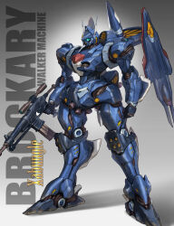  absurdres arms_at_sides assault_visor brockary_type character_name clenched_hand commentary_request copyright_name english_text finger_on_trigger full_body gun highres holding holding_gun holding_weapon maeda_hiroyuki mecha mecha_focus no_humans redesign robot science_fiction sentou_mecha_xabungle shadow solo standing thrusters turret weapon 
