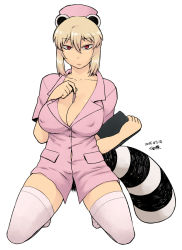 1girl 2015 animal_ears araiguma-san between_breasts blonde_hair breasts cleavage clitoris covered_erect_nipples dated expressionless female_focus female_pubic_hair full_body hat kneeling large_breasts looking_at_viewer no_panties no_shoes nurse nurse_cap original pink_thighhighs pubic_hair raccoon_ears raccoon_tail red_eyes short_hair simple_background solo tail thermometer thighhighs tsukudani_(coke-buta) rating:Explicit score:34 user:danbooru