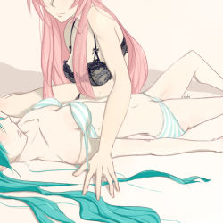 2girls bare_arms bare_legs bare_shoulders black_bra bra breasts collarbone covered_eyes female_focus frilled_bra frills green_bra green_hair green_panties hatsune_miku head_out_of_frame knee_up lace lace-trimmed_bra lace_trim leg_up legs lingerie long_hair lying megurine_luka multiple_girls navel off_shoulder panties pink_hair striped_bra striped_clothes striped_panties underwear underwear_only undressing vocaloid yealzero yuri rating:Questionable score:42 user:danbooru
