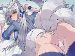  1girl ahoge alternate_costume animal_ears ass azur_lane bandages bed_sheet blue_eyes breasts commentary_request fox_ears fox_girl fox_tail from_behind from_below fundoshi hair_ornament happi highres ikemori_up japanese_clothes kitsune kyuubi large_breasts long_hair looking_at_viewer looking_back looking_down lying multiple_tails on_stomach rokushaku_fundoshi sarashi shinano_(azur_lane) sidelocks silver_hair solo tail wrist_cuffs 