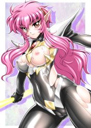  1girl absurdres armor bodysuit cameltoe cleft_of_venus covered_navel covered_erect_nipples gem highres magic_knight_rayearth nova_(rayearth) pink_hair pointy_ears red_eyes sakura_ryuuken see-through torn_bodysuit torn_clothes  rating:Explicit score:5 user:nhorus