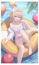 1girl absurdres afloat ahoge animal_ear_fluff animal_ears bandaid_hair_ornament blonde_hair blue_eyes border colored_inner_animal_ears dog_ears dog_girl dog_tail doughnut fang food hair_ornament hairband headband highres hololive hololive_english looking_at_viewer medium_hair midori_xu mococo_abyssgard multicolored_hair open_mouth pink_hair pink_hairband pink_headband pon_de_ring skin_fang smile solo streaked_hair swimsuit tail virtual_youtuber white_border x_hair_ornament 