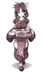 1girl eternal_arcadia food highres holding holding_plate japanese_clothes looking_at_viewer mazume monochrome plate urala