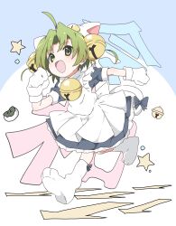  1girl :d absurdres ahoge animal_hat apron bell blue_bow blue_dress blush bow cat_girl cat_hat cat_tail clenched_hands commentary_request dejiko di_gi_charat dress fang footwear_bow frilled_apron frills fujiwara_tatsuroo full_body gloves green_eyes green_hair hair_bell hair_ornament hat highres jingle_bell kashiwa_mochi_(food) neck_bell open_mouth parted_bangs paw_shoes puffy_short_sleeves puffy_sleeves running short_hair short_sleeves smile solo star_(symbol) tail tail_bow tail_ornament translation_request two_side_up white_apron white_footwear white_gloves white_hat white_tail 