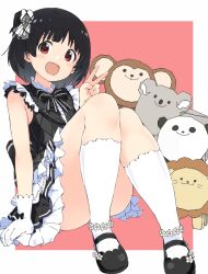  1girl arm_support black_dress black_hair blush brown_eyes dress frilled_dress frills gloves grid_background hair_ribbon highres hugging_own_legs idolmaster idolmaster_million_live! idolmaster_million_live!_theater_days knees_together_feet_apart koala lion looking_at_viewer mary_janes monkey nakatani_iku one_side_up open_mouth outside_border panda papercraft rauto red_background ribbon shoes short_hair short_sleeves smile socks solo v white_gloves white_ribbon white_socks 