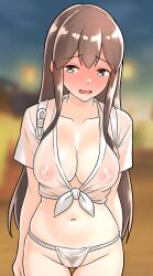  1girl akagi_(kancolle) alternate_costume blurry blurry_background blush breasts brown_eyes brown_hair covered_erect_nipples embarrassed female_pubic_hair front-tie_top full-face_blush fundoshi furaggu_(frag_0416) hair_between_eyes highres japanese_clothes kantai_collection large_breasts long_hair mizu_happi navel pubic_hair see-through sidelocks solo standing straight_hair very_long_hair 