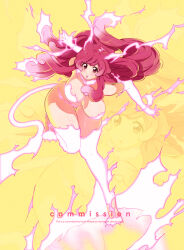  1girl animal_ears bare_shoulders bleach bleach:_sennen_kessen-hen blush breasts cat_ears cat_tail claws commission cosplay curly_hair curvy electricity electrokinesis english_text eyelashes fighting_stance floating_hair foot_up full_body gloves hanging_breasts highres incoming_attack large_breasts leaning_forward lips long_hair looking_at_viewer meninas_mcallon parted_lips pink_hair red_eyes shihouin_yoruichi shihouin_yoruichi_(cosplay) sidelocks simple_background solo standing standing_on_one_leg sumustard tail tareme thigh_gap thighhighs thighs very_long_hair white_gloves white_thighhighs yellow_background 