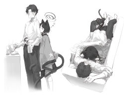  1boy 1girl absurdres animal_ears blue_archive cat_ears cat_girl cat_tail closed_eyes coffee_mug couch cuddling cup doodle_sensei_(blue_archive) eshineko faceless faceless_male girl_on_top greyscale halo haori height_difference hetero highres holding holding_cup hug hug_from_behind japanese_clothes kikyou_(blue_archive) kimono_on_shoulders long_sleeves lying lying_on_person monochrome mug multiple_tails multiple_views on_back on_couch paper_on_head school_uniform sensei_(blue_archive) short_hair simple_background sleeping sleepy squeans standing tail tail_wrap two_tails 