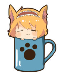 1girl :3 =_= alice_margatroid animal_ears bad_id bad_pixiv_id blonde_hair blush cat_ears cat_girl cup female_focus hairband in_container in_cup kemonomimi_mode mini_person minigirl mug short_hair simple_background solo tirisousu touhou white_background rating:Sensitive score:7 user:danbooru