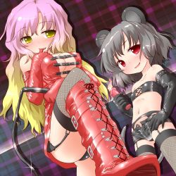  2girls animal_ears bdsm black_dress blush bondage_outfit breasts candle dominatrix dress elbow_gloves female_focus femdom flat_chest from_below gloves gradient_hair grey_hair hijiri_byakuren large_breasts leather loli long_hair looking_at_viewer looking_down mouse_ears mouse_tail multicolored_hair multiple_girls natsu_no_koucha nazrin pov red_dress red_eyes red_skirt short_hair skirt tail thighhighs touhou two-tone_hair whip yellow_eyes  rating:Questionable score:198 user:danbooru