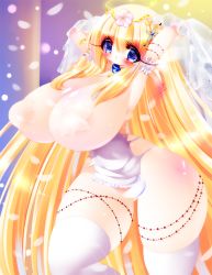 1girl arm_behind_head blonde_hair blue_eyes blush breasts curvy female_focus gigantic_breasts gradient_background halo jewelry long_hair oppai_goddess original pasties puffy_nipples shiny_skin solo standing thick_thighs thighhighs thighs veil very_long_hair white_thighhighs wide_hips 