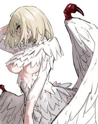  1girl absurdres arm_behind_head blonde_hair breasts chimera dungeon_meshi falin_touden falin_touden_(chimera) feathered_wings feathers hair_between_eyes highres large_breasts looking_at_viewer monster_girl profile short_hair simple_background solo taur white_background white_feathers wings yellow_eyes yuteka_(yute_nut) 