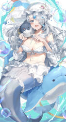  1girl :d absurdres animal animal_earrings bare_shoulders bikini bikini_skirt blue_eyes blue_nails breasts bubble cleavage commentary_request detached_sleeves dolphin ear_piercing fang fish full_body grey_hair hair_between_eyes hair_over_one_eye hat highres holding holding_animal large_breasts long_hair looking_at_viewer mermaid midriff mob_cap monster_girl navel open_mouth original pearl_hair_ornament piercing puffer_fish sakoku_(oyatsu3ji_) seashell shell shell_hair_ornament sidelocks sitting skirt smile solo_focus starfish_hair_ornament swimsuit thigh_strap white_bikini white_hat white_skirt  rating:Sensitive score:5 user:danbooru