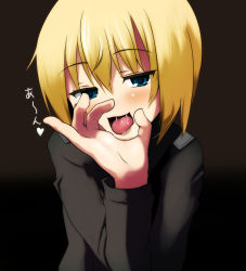  1girl atahuta bad_id bad_pixiv_id black_background blonde_hair blue_eyes blush drooling erica_hartmann fellatio_gesture gesture looking_at_viewer naughty_face open_mouth oral_invitation petite pinky_out saliva sexually_suggestive short_hair solo strike_witches tongue tongue_out translated upper_body world_witches_series  rating:Questionable score:215 user:danbooru