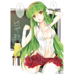  1girl :o blouse breasts c.c. chalkboard cheese-kun cleavage code_geass creayus green_hair hairband long_hair no_bra plaid plaid_skirt revealing_clothes shirt skirt solo thighhighs translated wardrobe_malfunction white_thighhighs yellow_eyes  rating:Questionable score:48 user:danbooru