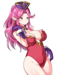  1girl alternate_eye_color angela_(seiken_densetsu_3) bare_shoulders blush breasts brown_eyes cleavage collarbone covered_navel earrings female_focus from_side gem gloves half_updo hand_in_own_hair hat jewelry large_breasts legs_together leotard parted_bangs ponytail purple_gloves red_gemstone red_leotard seiken_densetsu seiken_densetsu_3 sidelocks simple_background solo square_enix standing strapless strapless_leotard swept_bangs thighs third-party_edit wavy_hair white_background zaxwu 
