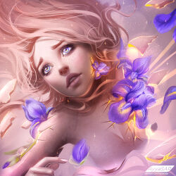  1girl artist_name ayya_sap blonde_hair breasts character_request copyright_request fantasy flower freckles inspiration iris_(flower) long_hair looking_at_viewer paid_reward_available purple_hair realistic sad solo upper_body 