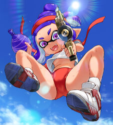  1girl :d aiming aiming_at_viewer blue_sky blush breasts burst_bomb_(splatoon) buruma clothes_lift commentary english_commentary fangs full_body gym_shirt gym_uniform hair_bun hairband holding holding_weapon ikachangenema inkling inkling_girl inkling_player_character lens_flare midair mixed-language_commentary multicolored_footwear nintendo open_mouth paid_reward_available pointy_ears purple_eyes purple_hair red_buruma red_hairband shirt shirt_lift shoes short_sleeves sky smile sneakers solo splash-o-matic_(splatoon) splatoon_(series) stomach suction_cups sweat tentacle_hair underboob v-shaped_eyebrows weapon white_footwear white_shirt 