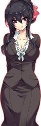  1girl arms_behind_back black_eyes black_hair breasts cleavage female_focus formal hair_ribbon hairband highres kyan_(glira) large_breasts long_hair looking_at_viewer office_lady parted_lips purple_eyes ribbon scan scan_artifacts sidelocks simple_background skirt skirt_suit smile solo standing suit 