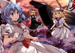  3girls :d :o black_footwear black_skirt black_vest blonde_hair blue_eyes blue_hair bow commentary_request dress e.o. embers expressionless fedora hat hat_bow louise_(touhou) low_twintails mai_(touhou) makai_(touhou) multiple_girls neck_ribbon open_mouth palanquin_ship parted_lips petticoat puffy_short_sleeves puffy_sleeves purple_bow purple_neckwear red_sky ribbon sailor_collar ship short_hair short_sleeves skirt sky smile socks touhou touhou_(pc-98) twintails vest watercraft white_dress white_legwear white_ribbon yellow_eyes yuki_(touhou) 