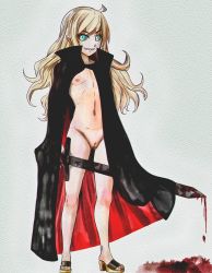 1girl ahoge aruman bad_id bad_pixiv_id black_cape black_sclera blonde_hair blood blue_eyes cape cleft_of_venus colored_sclera feet female_focus flat_chest full_body high_heels highres holding holding_weapon loli long_hair looking_at_viewer naked_cape navel nipples original pointy_ears pussy sandals sharp_teeth simple_background smile solo standing sword teeth uncensored vampire weapon white_background yellow_footwear rating:Explicit score:53 user:AngryZapdos