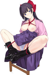  1girl ankle_boots bdsm black_hair blue_eyes bondage boots bound breasts cross-laced_footwear detached_sleeves hakama hakama_skirt high_heel_boots high_heels highres japanese_clothes knees_apart_feet_together lace-up_boots long_hair looking_at_viewer mibu_natsuki nipples panties simple_background sitting skirt solo spread_legs underwear white_background white_panties  rating:Questionable score:41 user:danbooru