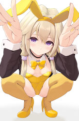  1girl absurdres alternate_costume black_jacket blonde_hair blush bow bowtie breasts closed_mouth dated detached_collar full_body hair_between_eyes hair_tubes high_heels highres ieiri_popo jacket leotard looking_at_viewer medium_bangs multicolored_hair nanashi_inc. playboy_bunny purple_eyes rabbit_pose short_hair_with_long_locks shrug_(clothing) sidelocks simple_background small_breasts solo squatting streaked_hair temari_rin thighhighs virtual_youtuber white_background yellow_bow yellow_bowtie yellow_footwear yellow_leotard yellow_thighhighs 