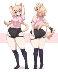  1girl adjusting_clothes adjusting_shorts ahoge animal_ears arms_up ass black_shorts blonde_hair cat_ears cat_girl cat_tail clothing_cutout facial_mark highres indie_virtual_youtuber looking_at_viewer medium_hair multiple_views over-kneehighs red_eyes ryou_sakai shorts shyrei_faolan simple_background tail thick_thighs thigh_cutout thighhighs thighs tiptoes virtual_youtuber whisker_markings 